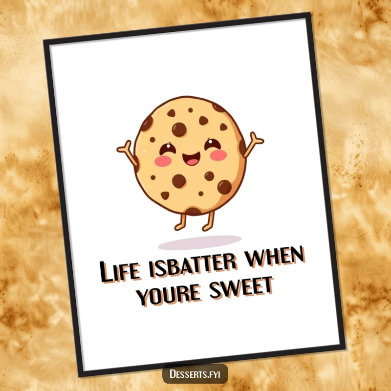 Funny free printable wall art of a happy cookie with chocolate chips doing a joyful dance, perfect for kitchens.