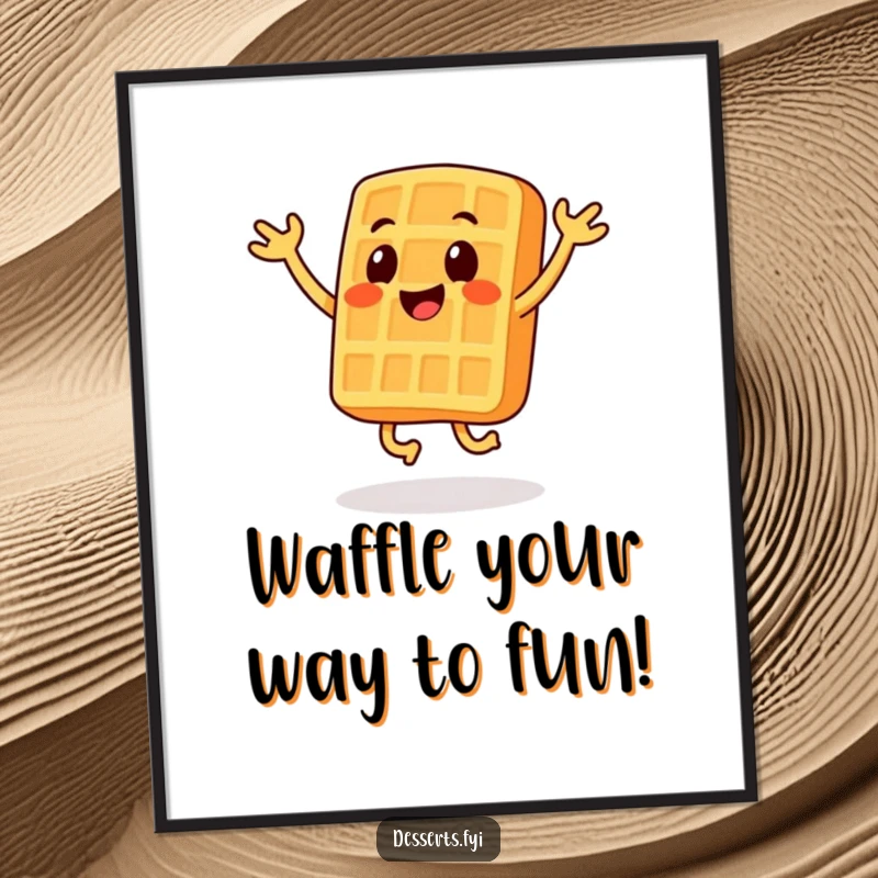 Funny Free Printable Wall Art of a smiling waffle character doing silly and energetic jumping jacks.