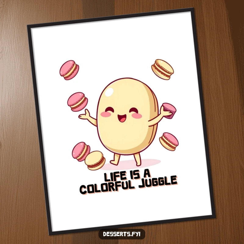 Funny Free Printable Wall Art: Playful macaroon character happily juggling smaller macarons, bringing a vibrant and humorous vibe.