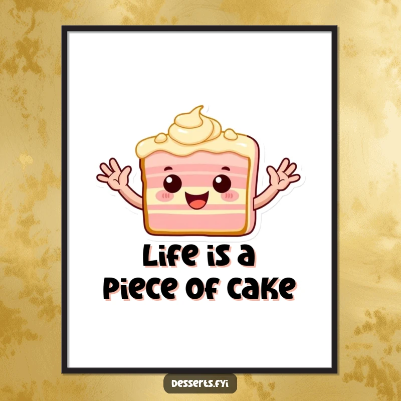 Free Printable Wall Art: Playful slice of cake with frosting arms waves enthusiastically.