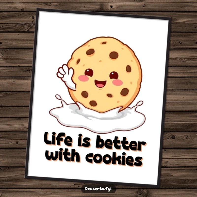 Funny Free Printable Wall Art: A happy cookie character waves cheerfully from inside a cool milk puddle.