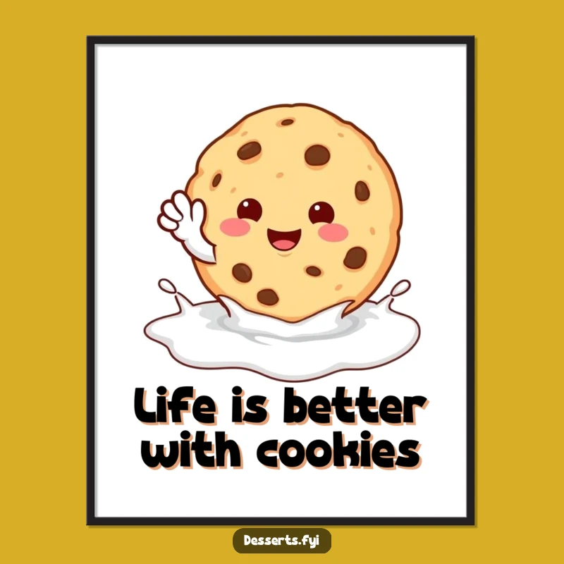 Free Printable Wall Art: Waving Cookie in Milk, Funny Art, Downloadable Decor Gift