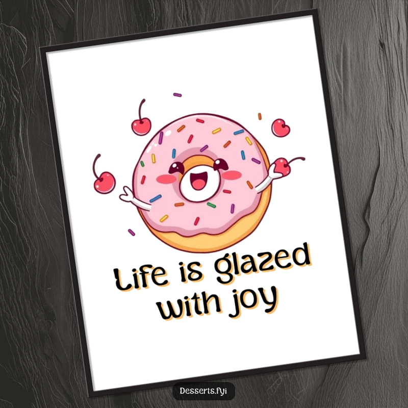 Funny Free Printable Wall Art: Delighted donut character juggles sprinkles and cherries with a grin, sweet decor, downloadable art.