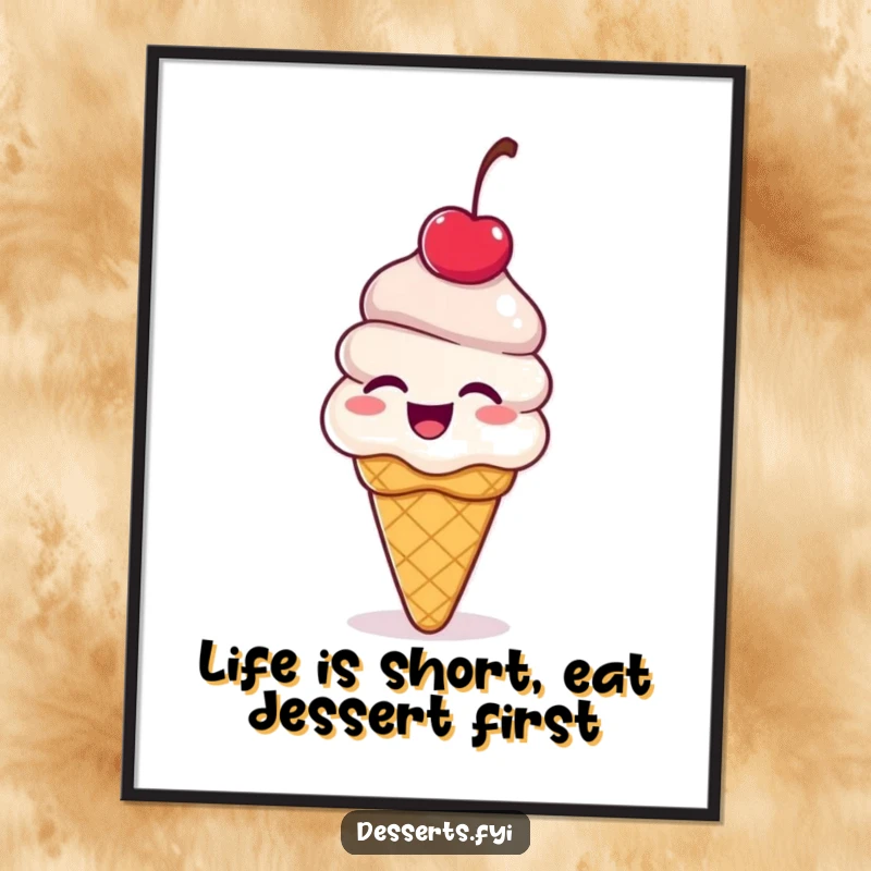 Funny Free Printable Wall Art: Giggling ice cream cone with a cherry on top bouncing with delight, a fun dessert-themed piece.