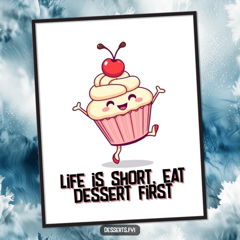 Funny Free Printable Wall Art of a smiling cupcake with a cherry on top executing a joyful cartwheel.