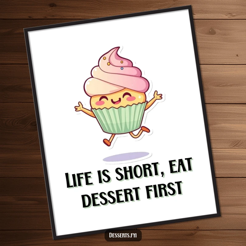 Funny Free Printable wall art featuring a cheerful cupcake character mid-leap with sparkly frosting, a delightful piece of downloadable decor.