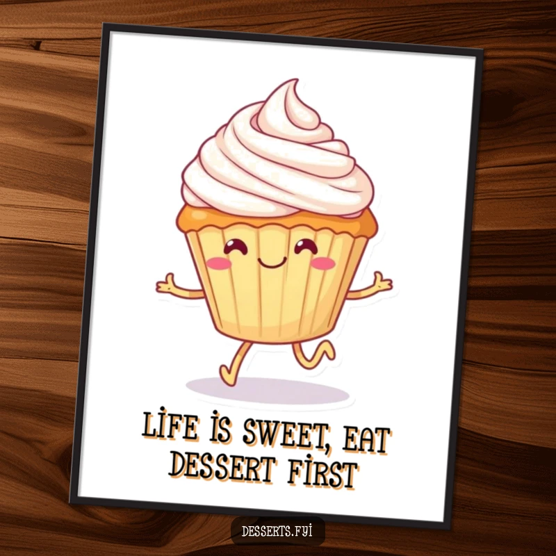 Funny Free Printable Wall Art: Smiling cupcake with tiny legs happily skipping with frosting on its head, whimsical dessert art.