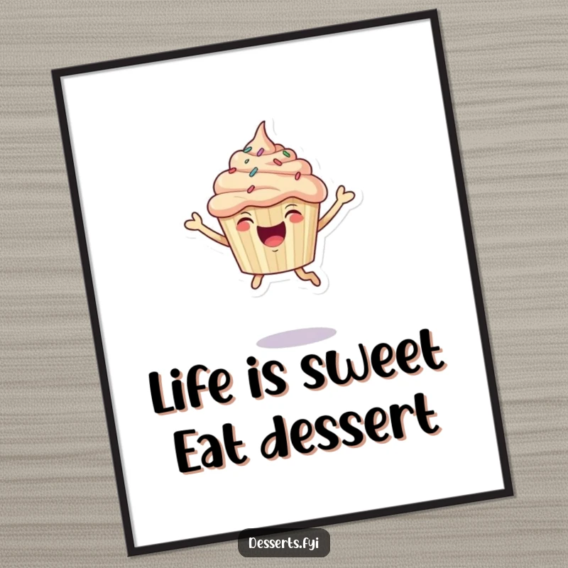 Funny Free Printable Wall Art: A joyful cupcake character adorned with sprinkles, captured mid-leap with energetic enthusiasm.