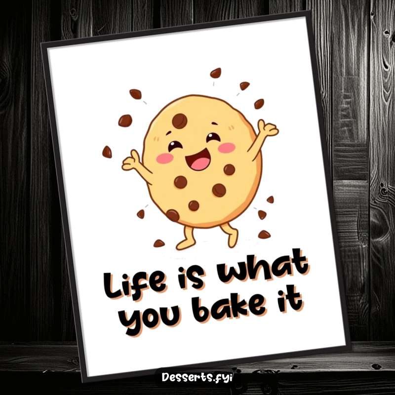 Funny Free Printable wall art depicting a cheerful cookie character in a happy dance with chocolate chips, a delightful piece of downloadable decor.