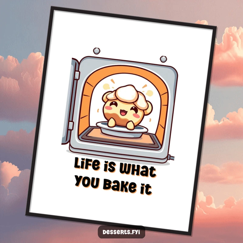 Funny Free Printable Wall Art: Delighted pie character peeking out from a warm oven, bringing a cozy and humorous atmosphere.