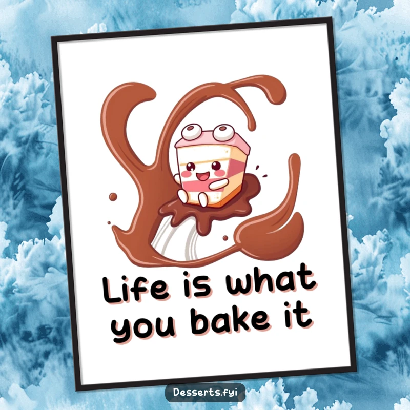 Funny Free Printable wall art showing a joyful cake slice character smoothly sliding on a river of chocolate syrup, cool downloadable decor.