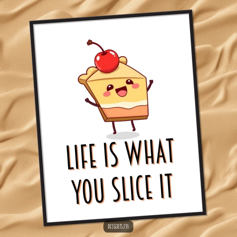 Funny Free Printable Wall Art: Joyful slice of pie with a cherry on top doing a little dance, whimsical decor.