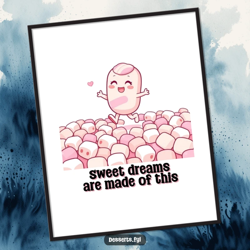 Funny Free Printable Wall Art: A joyful candy character skips gleefully through a soft field of marshmallows, creating a cheerful scene.