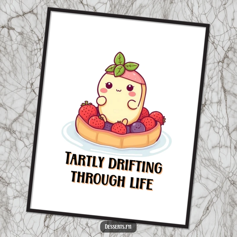 Funny Free Printable Wall Art: A buoyant tart character floats serenely on a raft constructed from colorful berries, creating a charming scene.