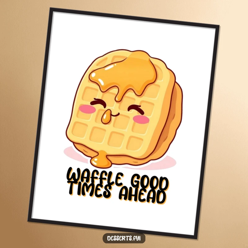 Funny Free Printable Wall Art: A whimsical waffle with syrup drops winks cheekily, adding a fun element.