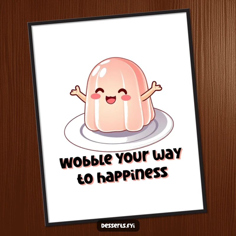 Funny Free Printable wall art depicting a wobbly jelly character in a joyful bounce on a plate, a delightful piece of downloadable decor.