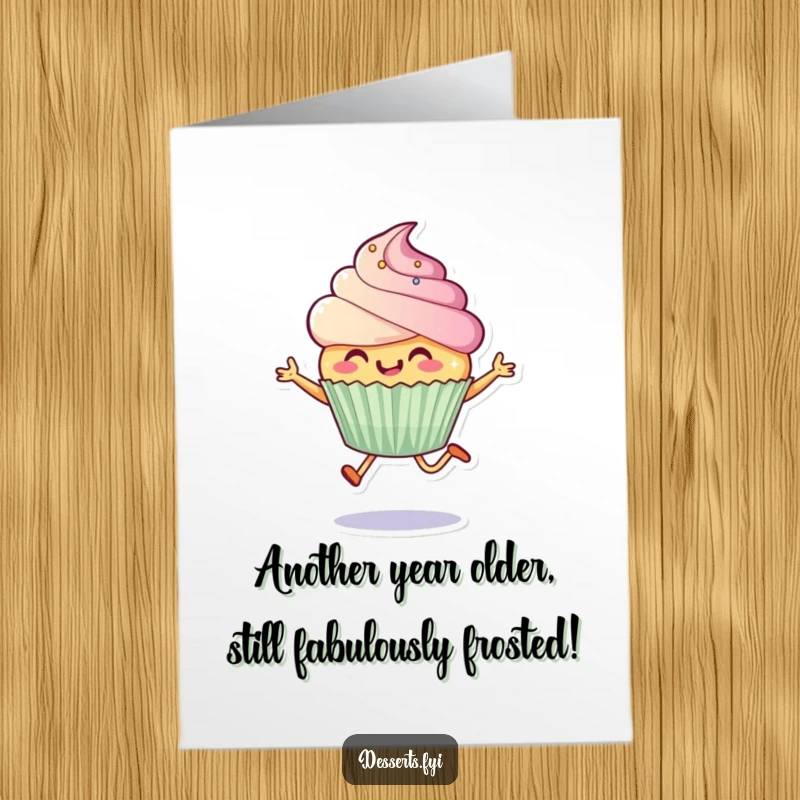 Funny Free Printable birthday card of a smiling cupcake character leaping joyfully with sparkly frosting, ready for a print at home celebration.