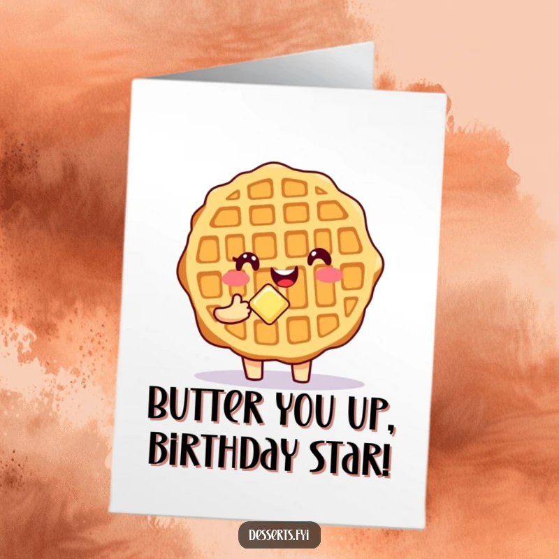 Funny Free Printable Waffle Birthday Card: Smiling waffle holds butter, ready to party, downloadable DIY gift.