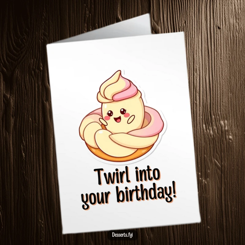 Funny Free Printable Birthday Card: A cheerful pastry character joyfully twirls around a luscious swirl of frosting, celebrating.