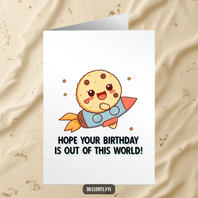 Funny free printable birthday card showing a cheerful cookie character zooming on a tiny rocket, celebrating with speed and joy.