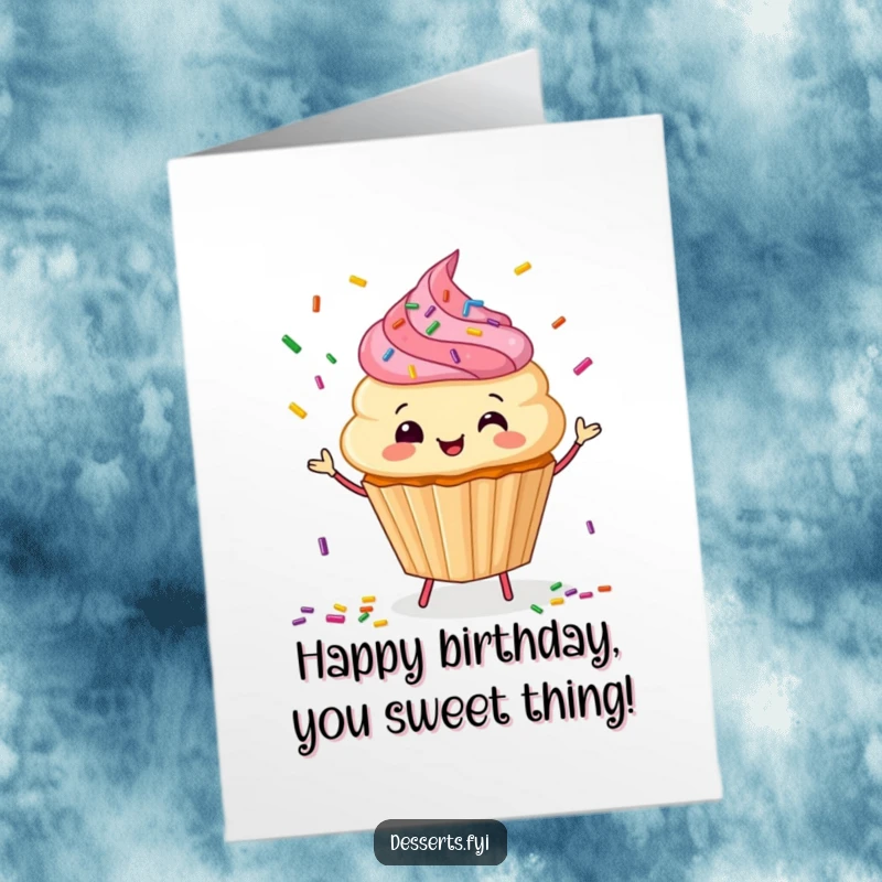 Funny free printable birthday card showing a happy cupcake character juggling colorful sprinkles, a celebration of sweet chaos.