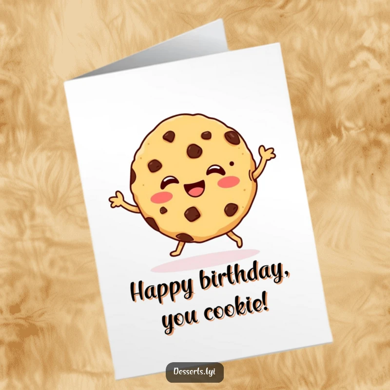 Funny Free Printable Birthday Card: A happy cookie with chocolate chips doing a little dance, a joyful downloadable greeting for a special day.