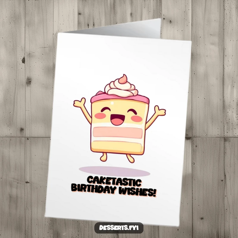 Funny free printable birthday card featuring a leaping, ecstatic piece of cake with frosting, celebrating with pure joy.