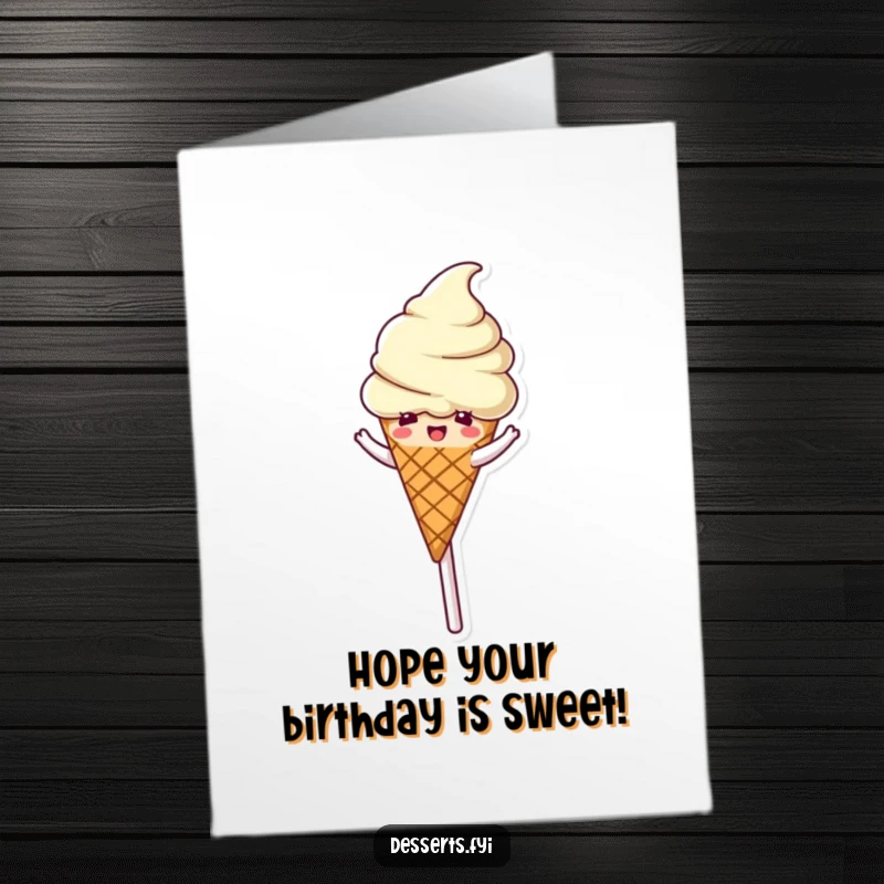 Funny free printable birthday card showing a delighted ice cream cone character spinning gleefully on a giant lollipop, celebrating with flair.