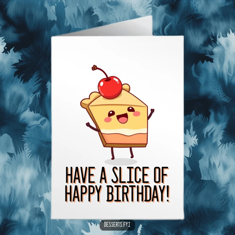 Funny Free Printable Birthday Card: Joyful slice of pie with cherry dancing, perfect for a fun birthday celebration.