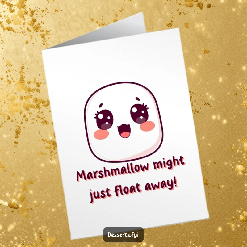 Funny Free Printable Birthday Card: Wide-eyed marshmallow floating up in surprise, conveying pure joy and excitement for a celebration.