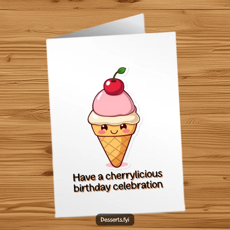 Funny Free Printable Birthday Card: Smiling ice cream cone character perfectly balancing a bright red cherry on its head for a birthday wish.