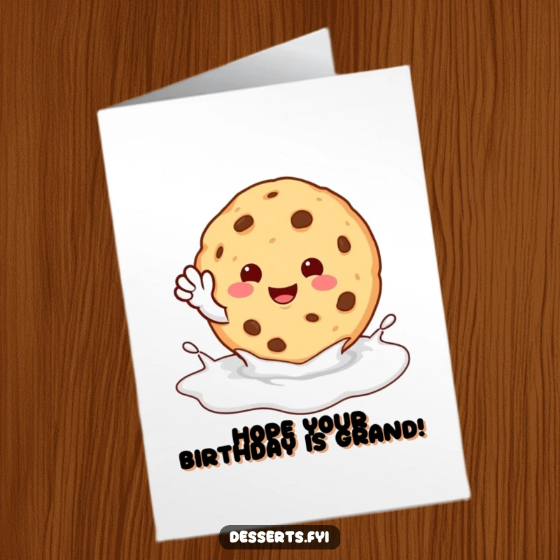 Funny Free Printable Birthday Card: A happy cookie character gives a tiny wave from within a frothy milk puddle.