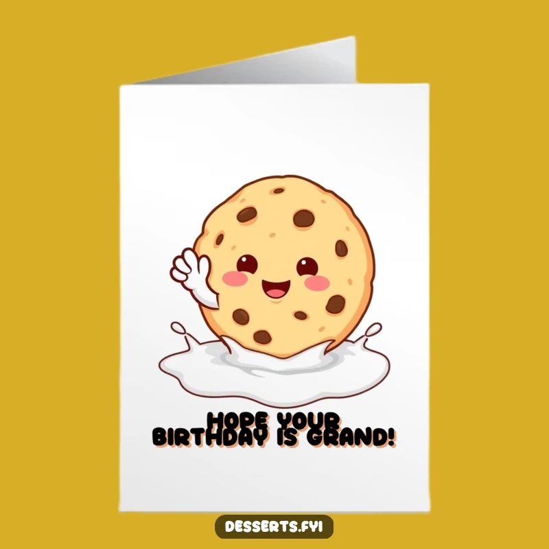 Free Printable Birthday Card: Waving Cookie, Milk Puddle, Funny Downloadable Gift for Fun