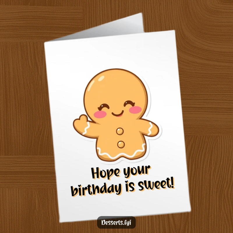 Funny Free Printable Birthday Card: A winking gingerbread cookie cheerfully waves hello, perfect for a sweet birthday surprise.
