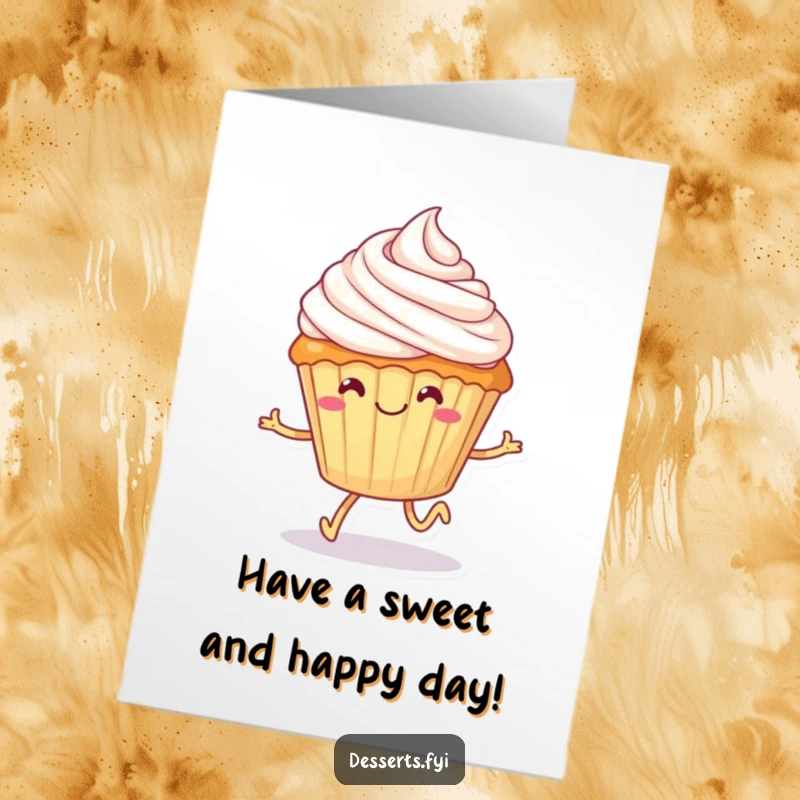 Funny Free Printable Birthday Card: Smiling cupcake with tiny legs happily skipping with frosting on its head, pure birthday delight.