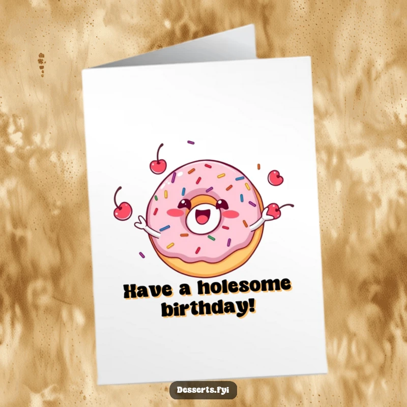 Funny Free Printable Birthday Card: Delighted donut juggles sprinkles and cherries with a grin, celebrating joy, downloadable gift.