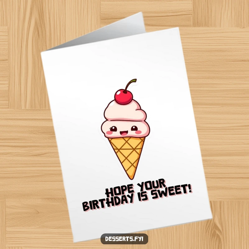Free Printable Birthday Card: Giggling ice cream cone with cherry bounces with absolute delight.