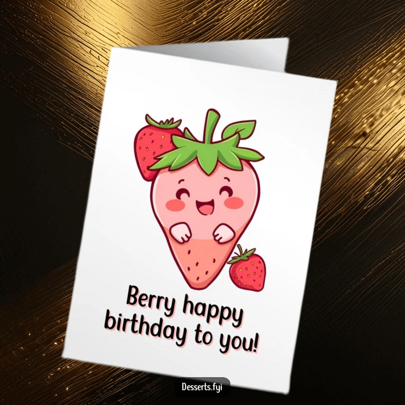 Funny Free Printable Birthday Card featuring a happy strawberry character playfully peeking from behind a larger berry.