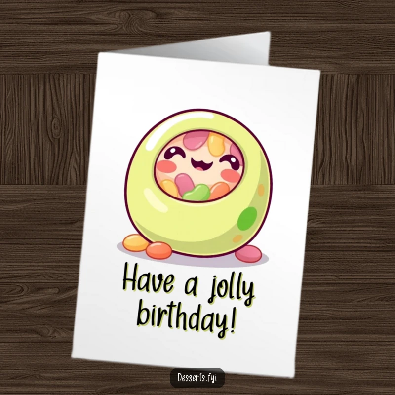 Funny Free Printable Birthday Card showing a happy jelly bean rolling with delight, celebrating a fun-filled birthday.
