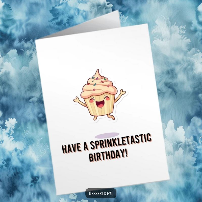 Funny Free Printable Birthday Card: A happy cupcake character with sprinkles leaping high in the air with pure delight.