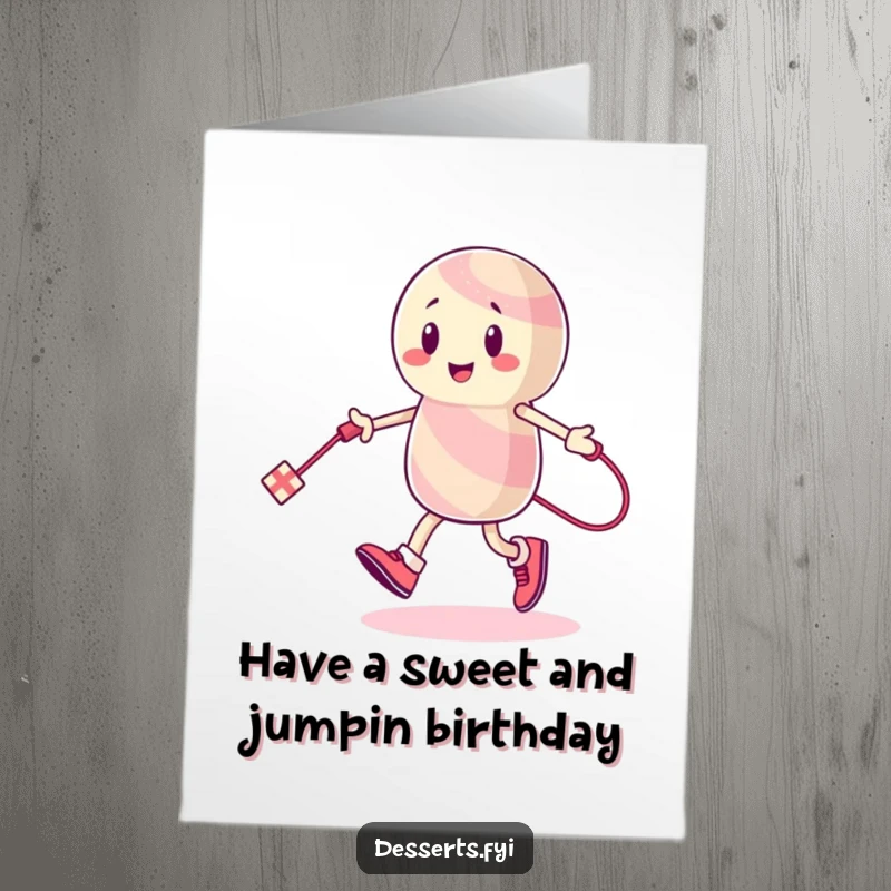 Funny Free Printable Birthday Card: Energetic candy character joyfully skipping rope with a long licorice string, celebrating a birthday.