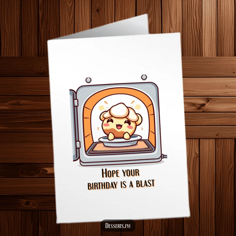 Funny Free Printable Birthday Card: Delighted pie character peeking out of a warm oven, radiating happiness for a birthday.