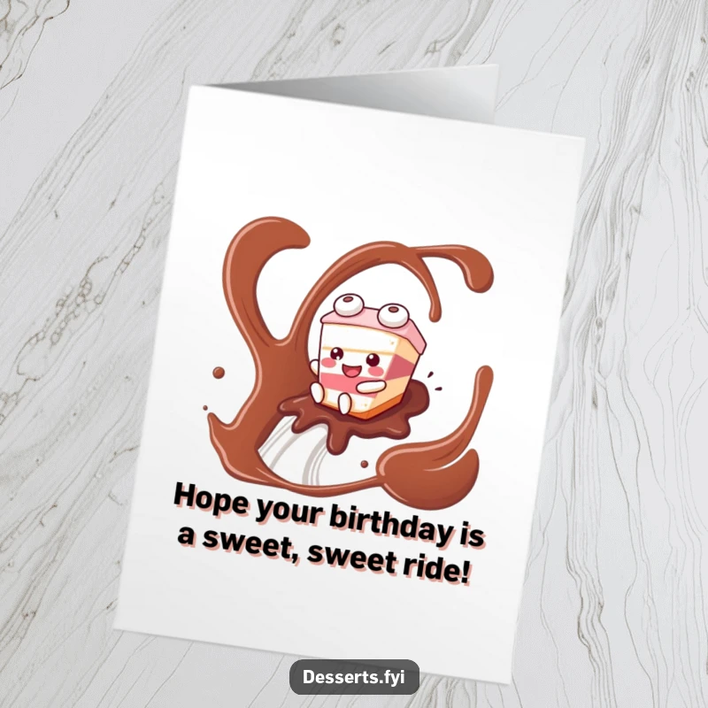 Funny Free Printable birthday card showing a happy cake slice character sliding on a chocolate syrup river, perfect for a print at home party.