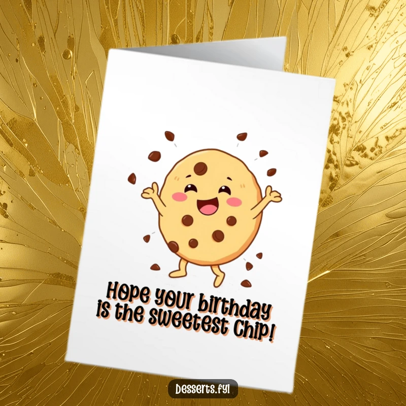 Funny Free Printable birthday card featuring a cheerful cookie character doing a happy dance with chocolate chips, perfect for a print at home party.