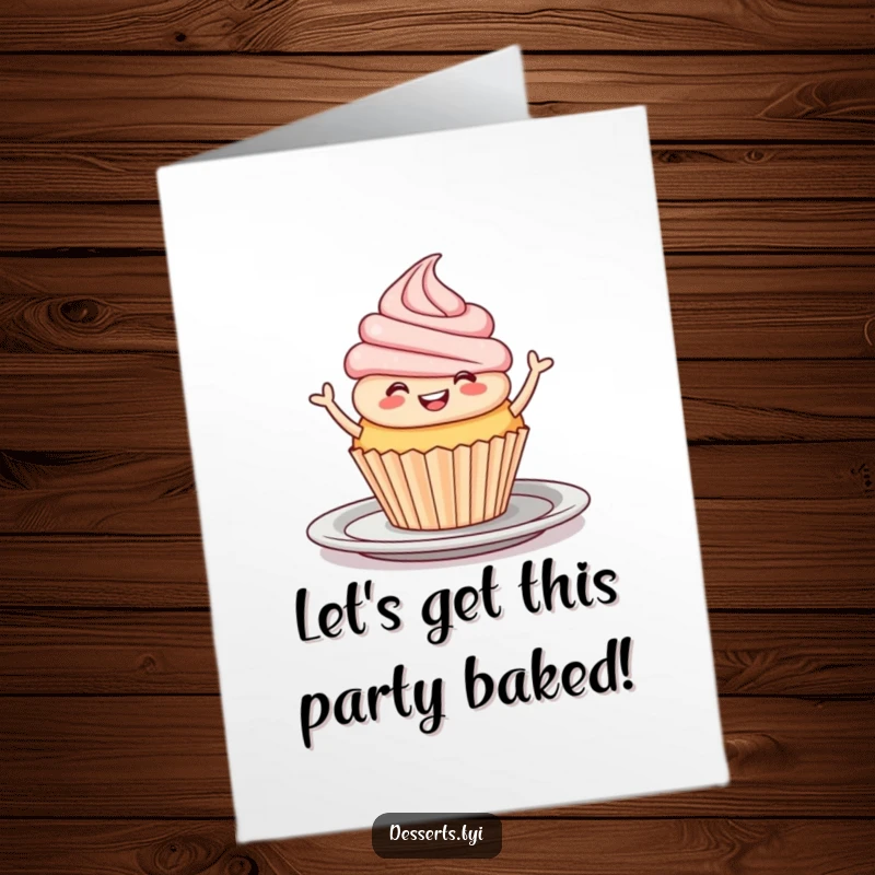 Funny Free Printable Birthday Card: Smiling cupcake does a joyful jig on a plate, a festive DIY gift.