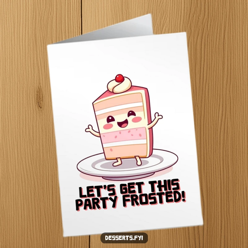 Funny Free Printable Birthday Card: Smiling slice of cake character dances joyfully on a plate.