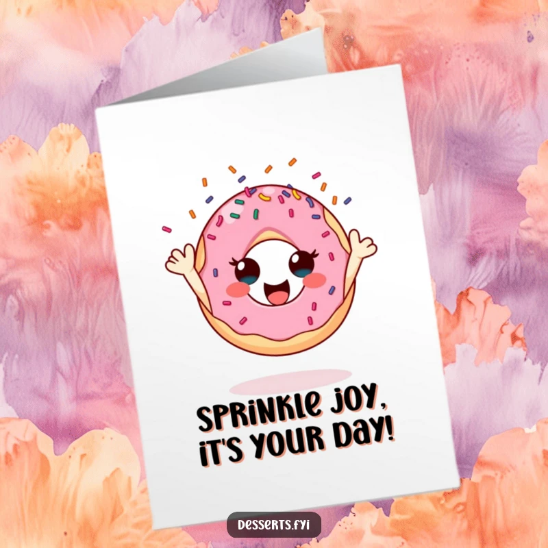 Funny Free Printable donut card, a jubilant character tossing sprinkles high with pure joy, perfect for birthdays.