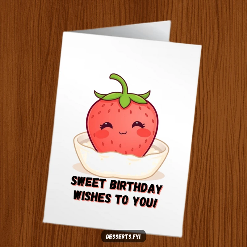 Funny Free Printable Birthday Card: A content strawberry smiles sweetly while relaxing in a bath of cream, perfect for a chill birthday.