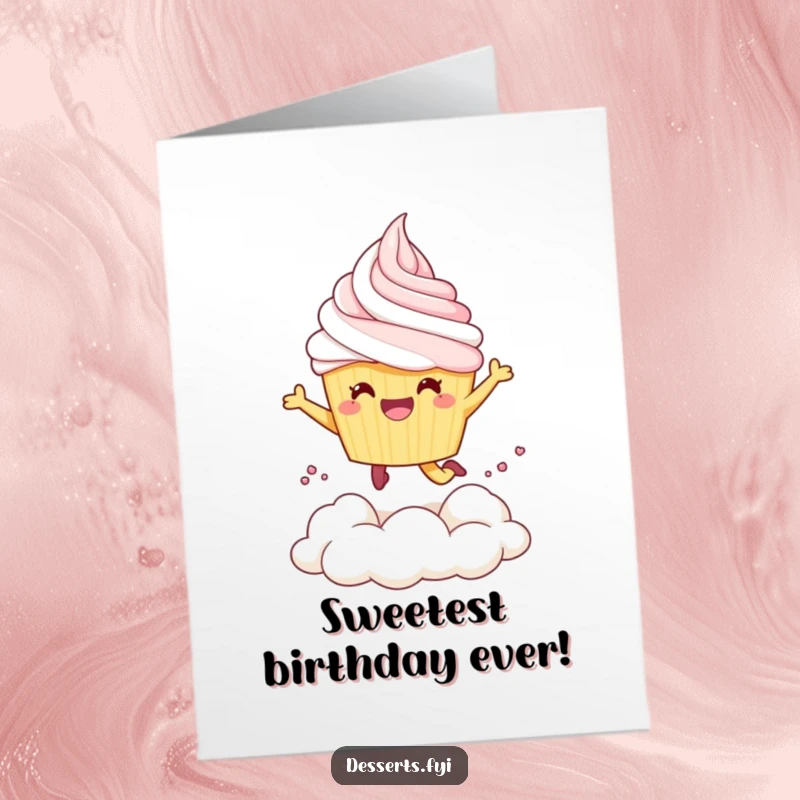 Funny Free Printable Birthday Card: Cheerful cupcake character joyfully leaping into a fluffy cloud of whipped cream, a sweet celebration design.