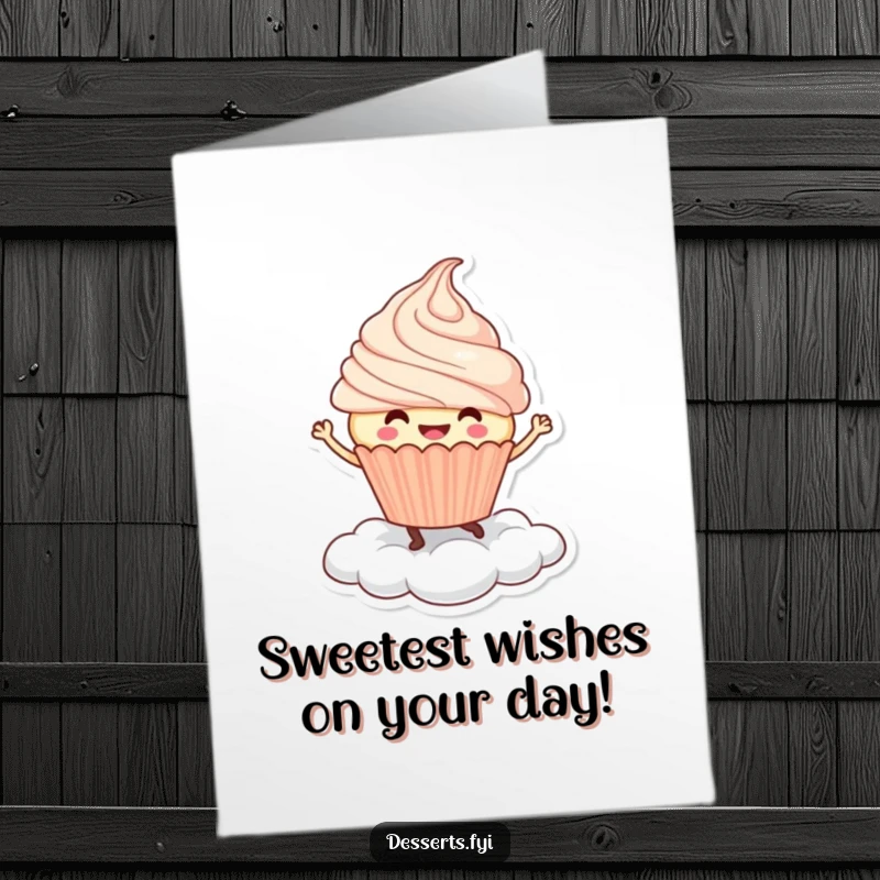 Funny Free Printable Birthday Card: Smiling cupcake character joyfully dances on a fluffy whipped cream cloud.